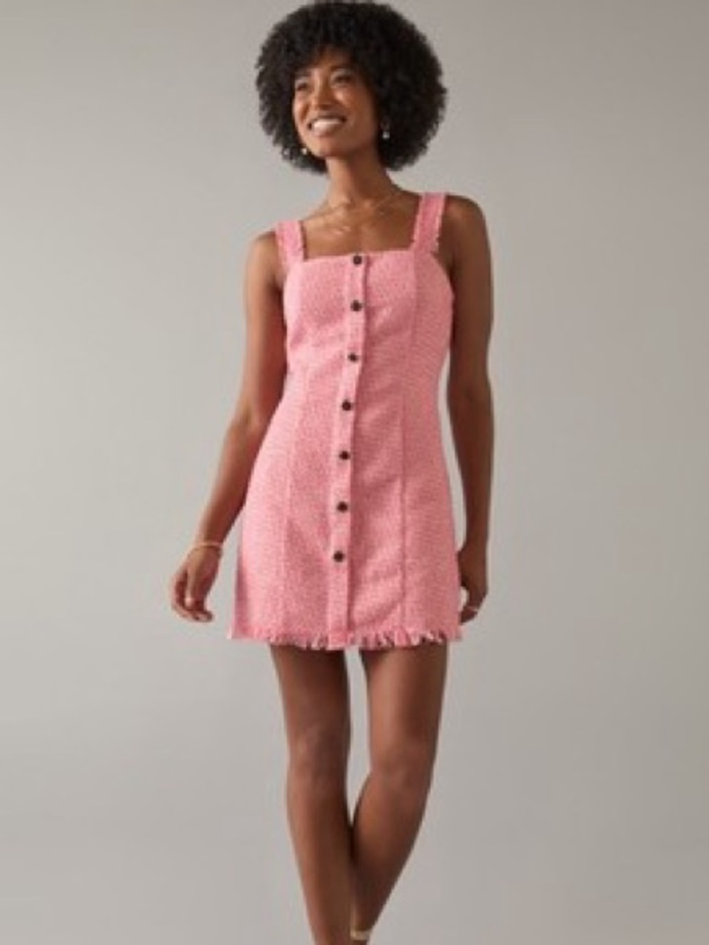 Francesca’s Pink Tweed Button-Front Mini Dress